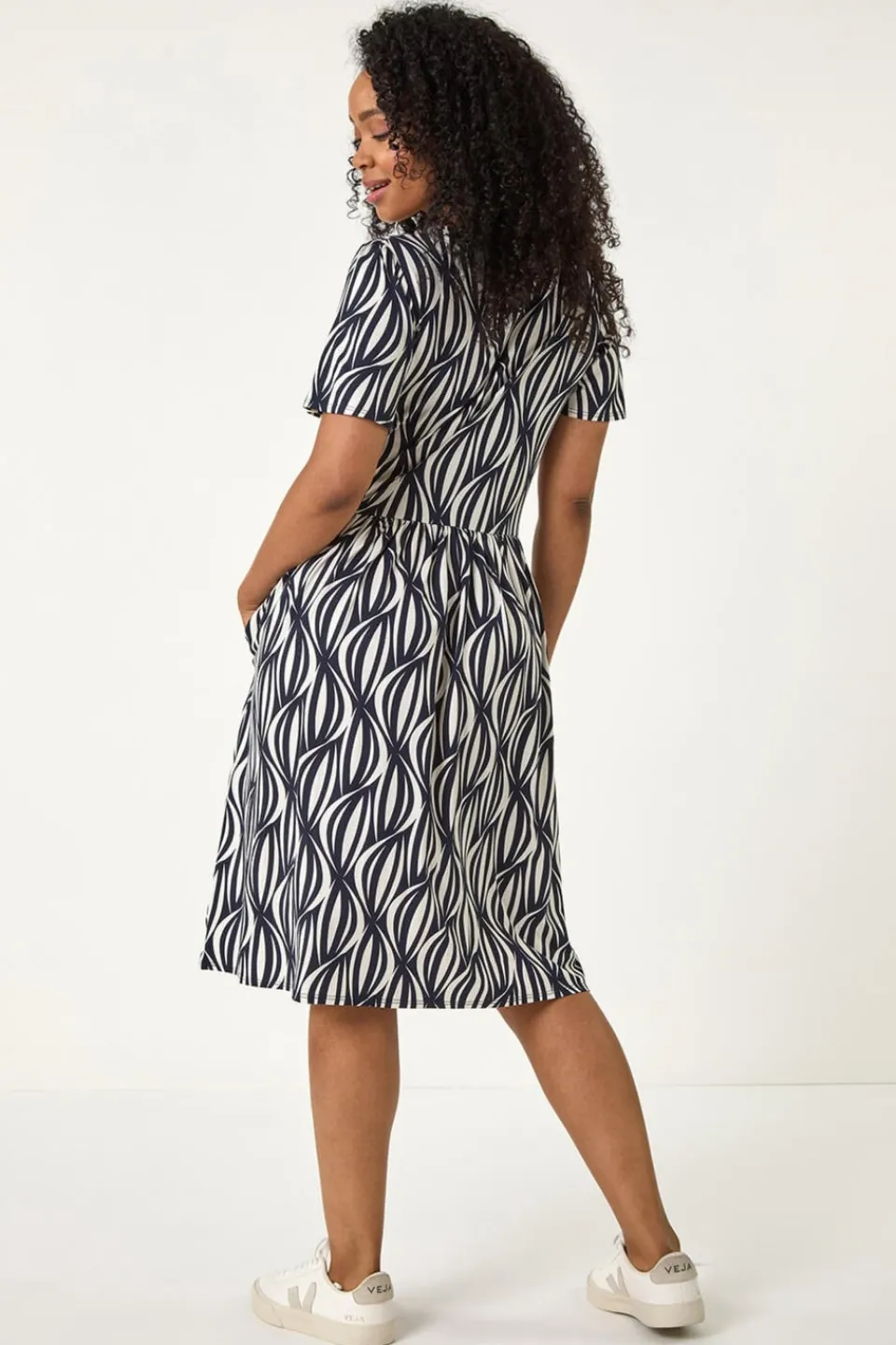 Dresses>Roman Navy Petite Geometric Pocket Dress
