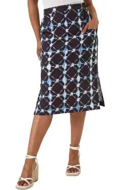 Skirts>Roman Navy Petite Geometric Midi Skirt
