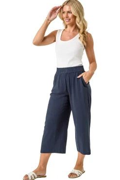 Trousers>Roman Navy Petite Linen Mix Cropped Trouser