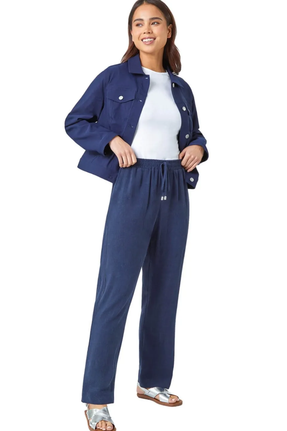Trousers>Roman Navy Petite Linen Mix Trousers