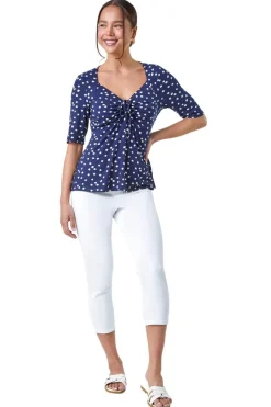 T-Shirts>Roman Navy Petite Polka Dot Ruched Stretch Top