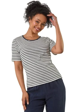 T-Shirts>Roman Navy Petite Stripe Short Sleeve Stretch Top