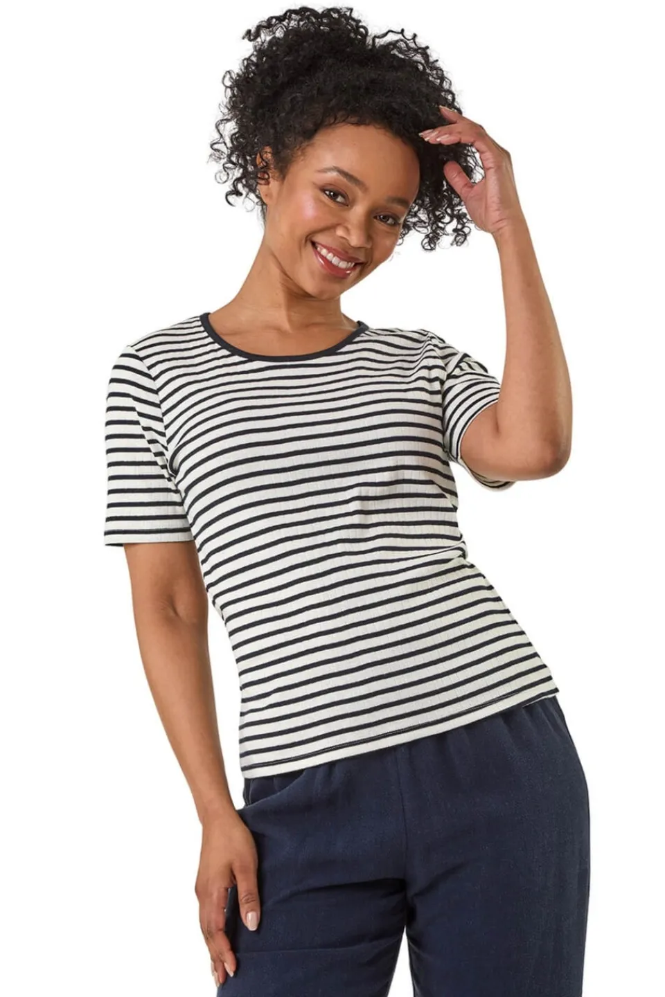 T-Shirts>Roman Navy Petite Stripe Short Sleeve Stretch Top