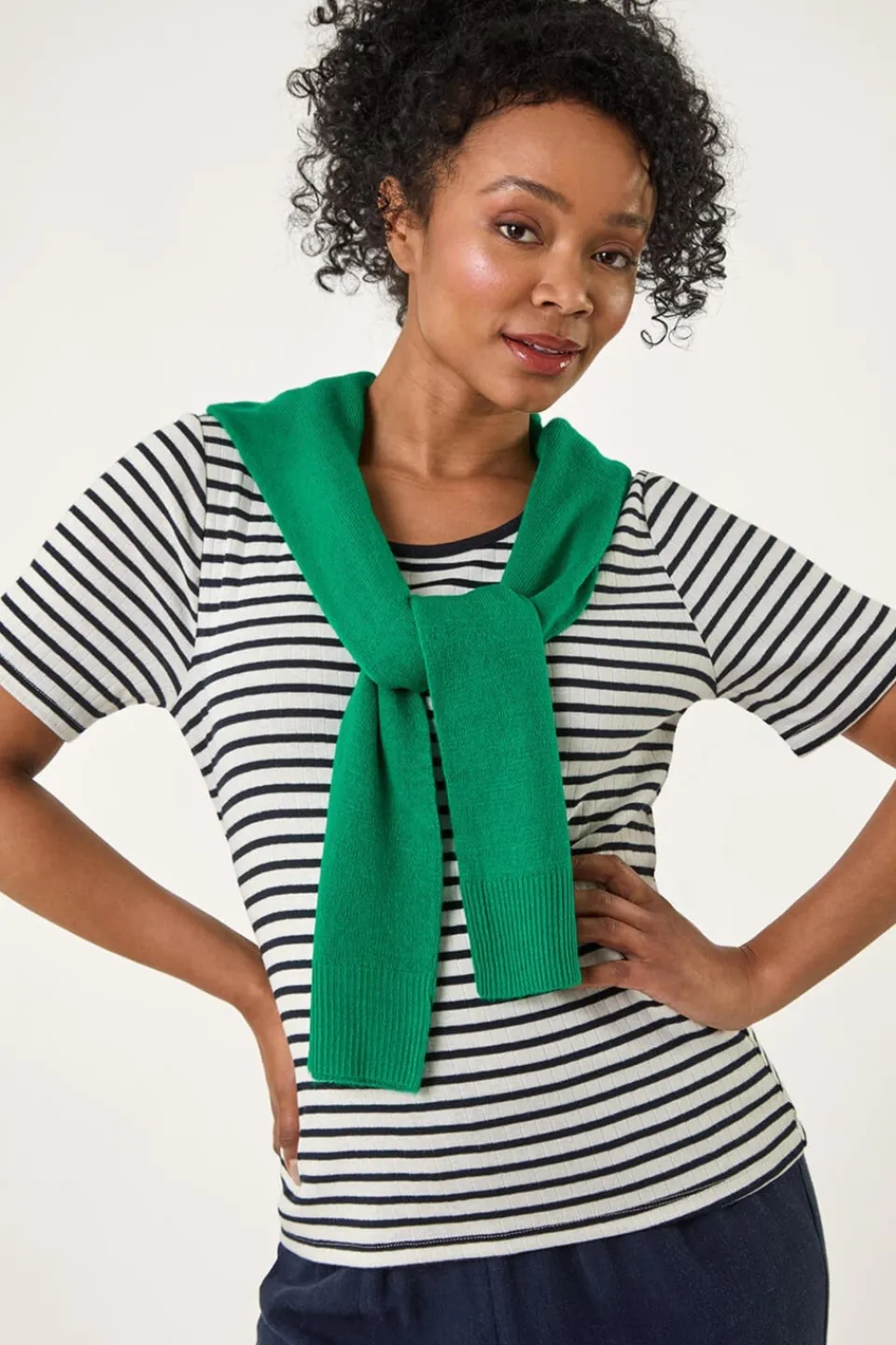 T-Shirts>Roman Navy Petite Stripe Short Sleeve Stretch Top