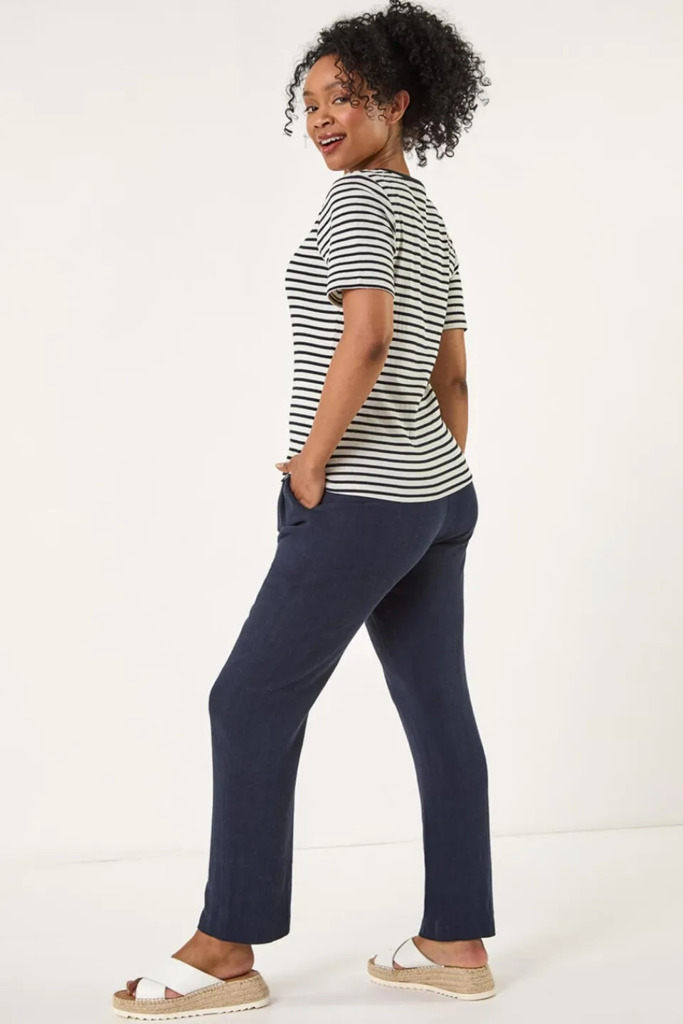 T-Shirts>Roman Navy Petite Stripe Short Sleeve Stretch Top