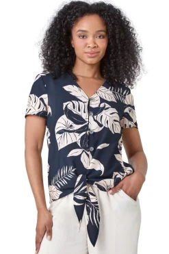 Tops>Roman Navy Petite Tropical Tie Detail Top