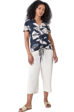Tops>Roman Navy Petite Tropical Tie Detail Top