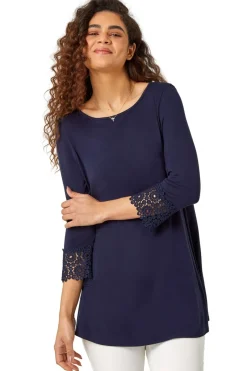 Tops>Roman Plain Lace Trim Stretch Top Navy