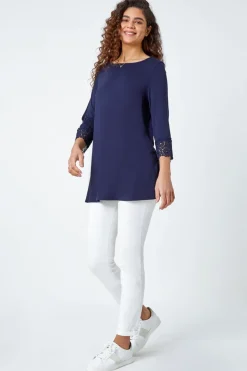 Tops>Roman Plain Lace Trim Stretch Top Navy