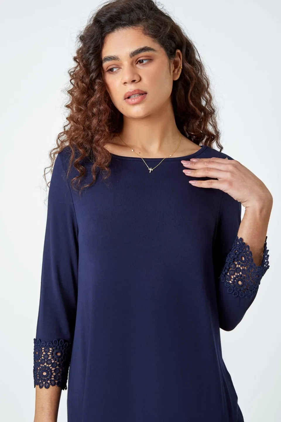 Tops>Roman Plain Lace Trim Stretch Top Navy
