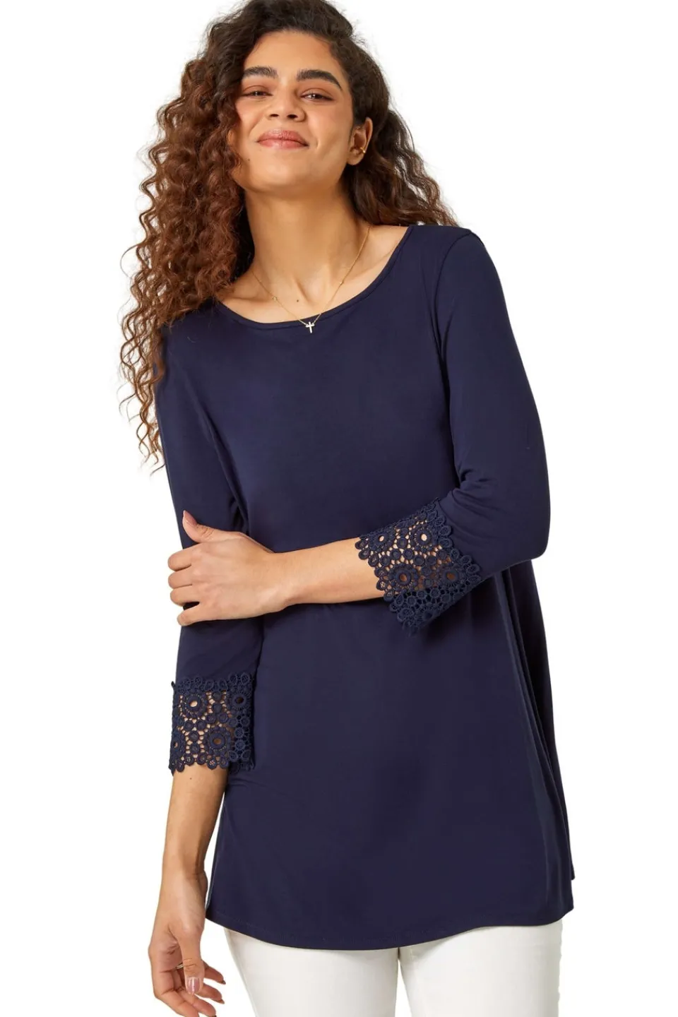 Tops>Roman Plain Lace Trim Stretch Top Navy