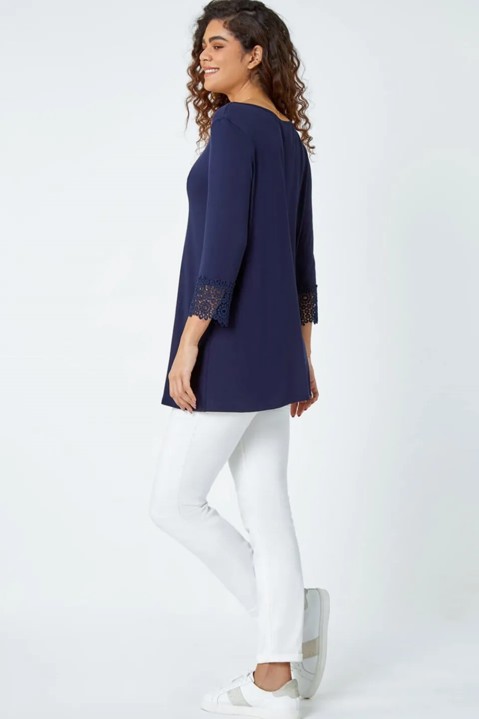 Tops>Roman Plain Lace Trim Stretch Top Navy