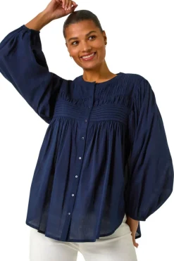 Tops>Roman Navy Pleat Detail Button Through Blouse