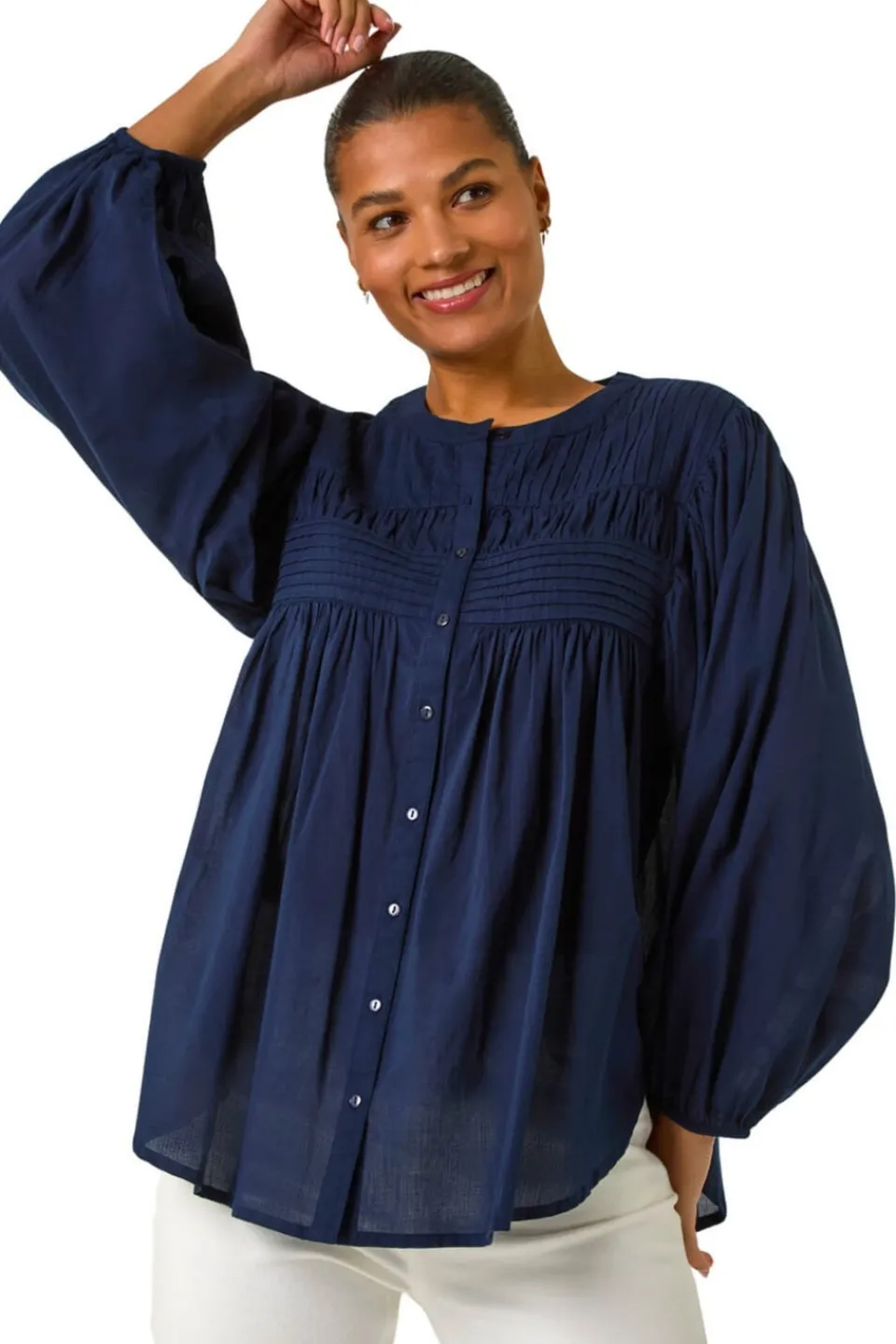 Tops>Roman Navy Pleat Detail Button Through Blouse