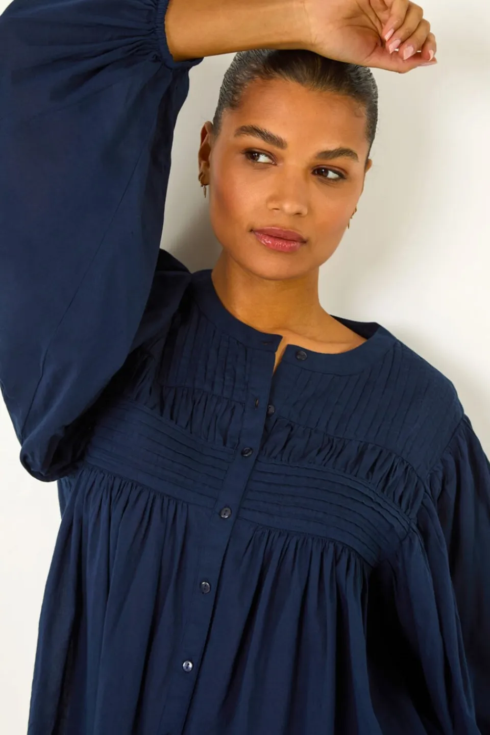 Tops>Roman Navy Pleat Detail Button Through Blouse