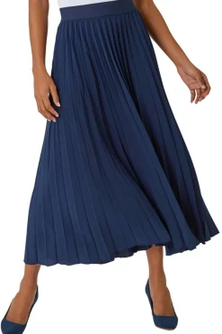 Skirts>Roman Pleated Elastic Waist Maxi Stretch Skirt Navy