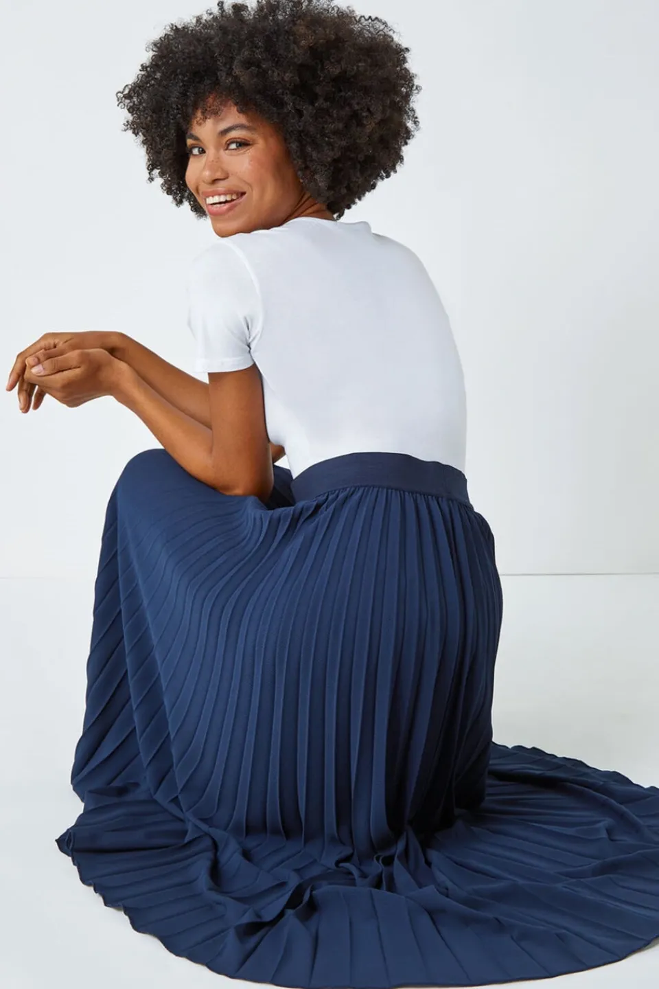 Skirts>Roman Pleated Elastic Waist Maxi Stretch Skirt Navy
