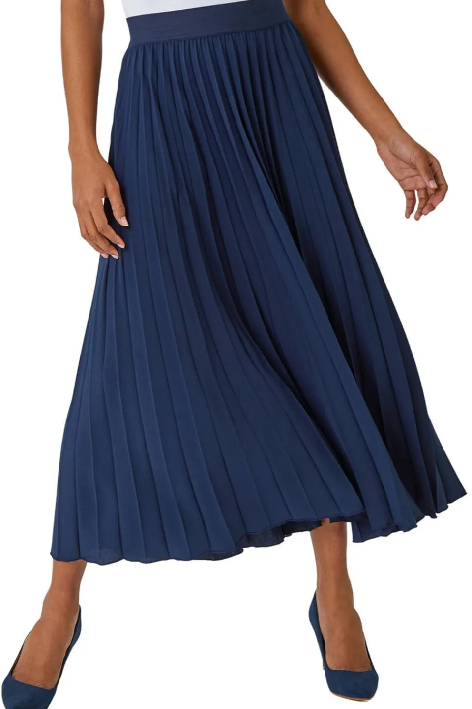 Skirts>Roman Pleated Elastic Waist Maxi Stretch Skirt Navy