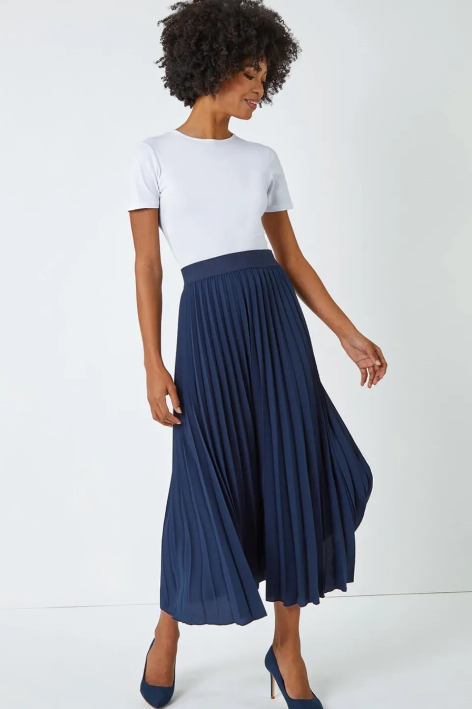 Skirts>Roman Pleated Elastic Waist Maxi Stretch Skirt Navy