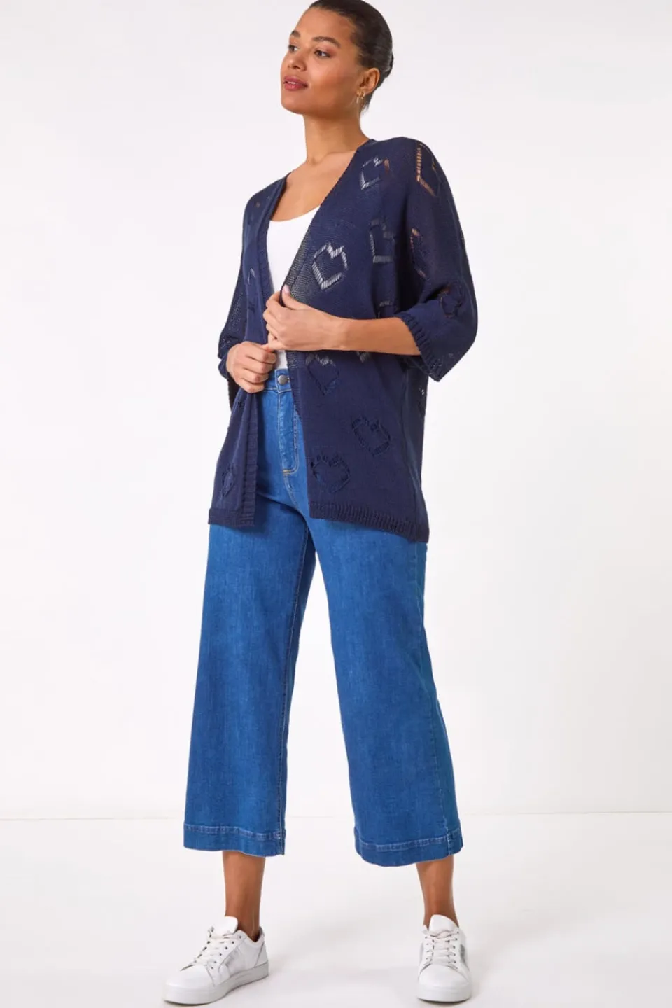 Knitwear>Roman Navy Pointelle Heart Knit Cardigan