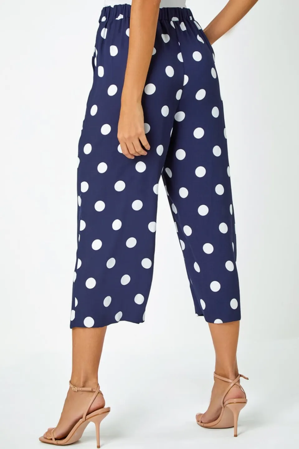 Trousers>Roman Navy Polka Dot Elastic Waist Culotte Trousers