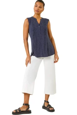 Tops>Roman Navy Polka Dot Print Pintuck Vest
