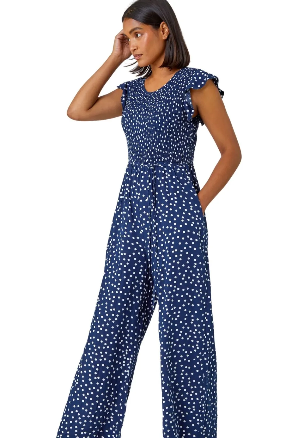Jumpsuits & Playsuits>Roman Navy Polka Dot Shirred Pocket Jumpsuit