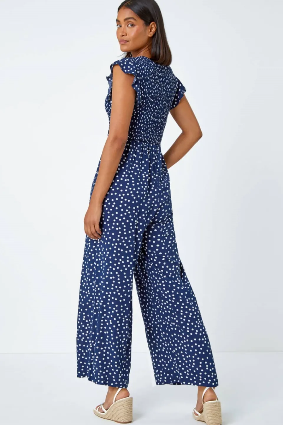 Jumpsuits & Playsuits>Roman Navy Polka Dot Shirred Pocket Jumpsuit