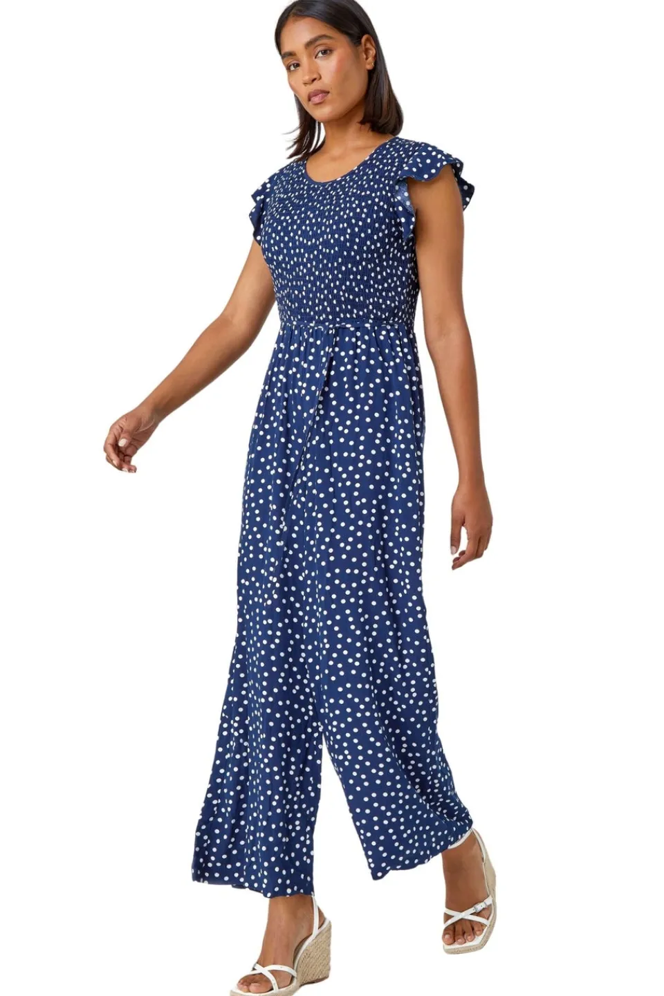 Jumpsuits & Playsuits>Roman Navy Polka Dot Shirred Pocket Jumpsuit