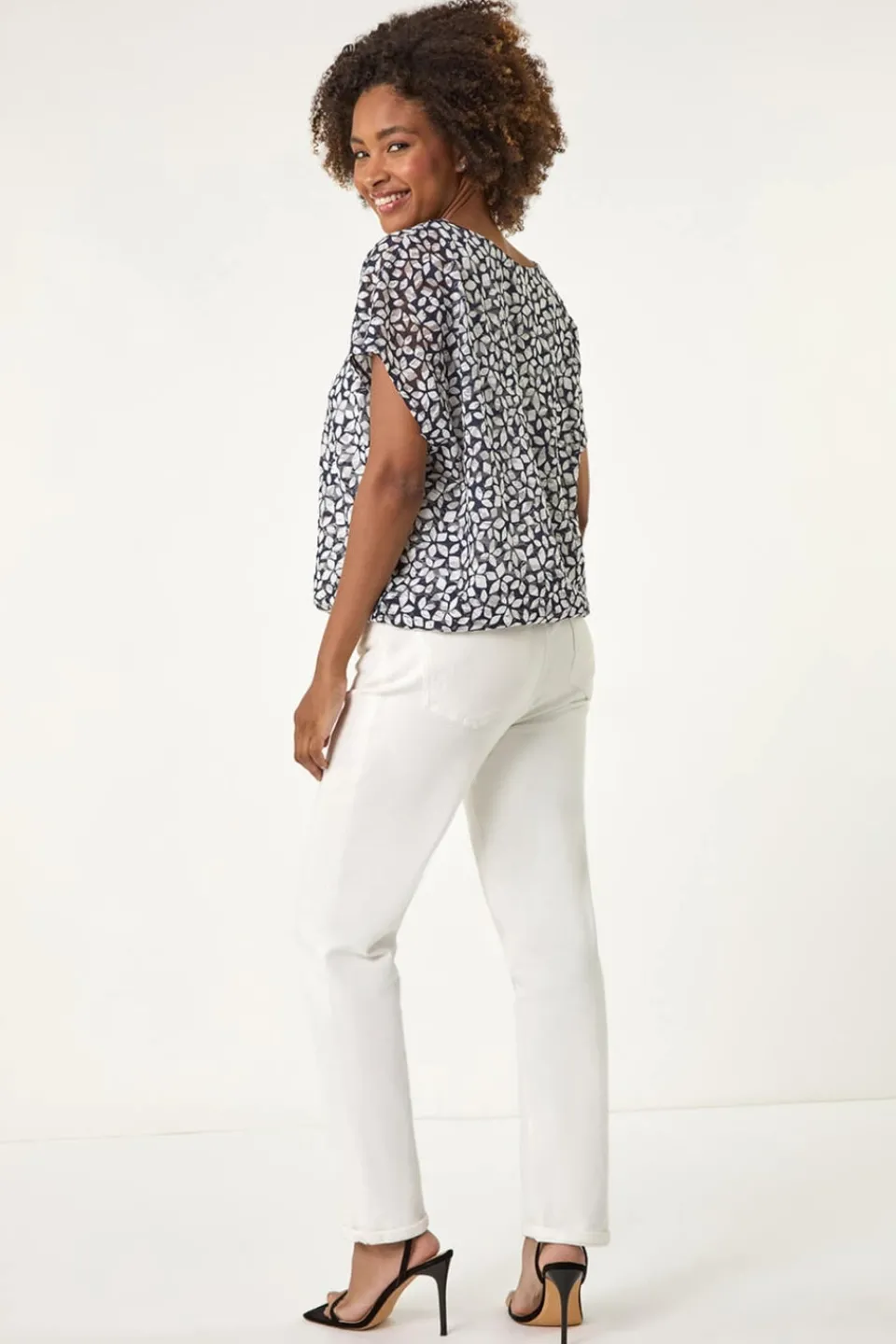Tops>Roman Navy Printed Lace Bubble Hem Top