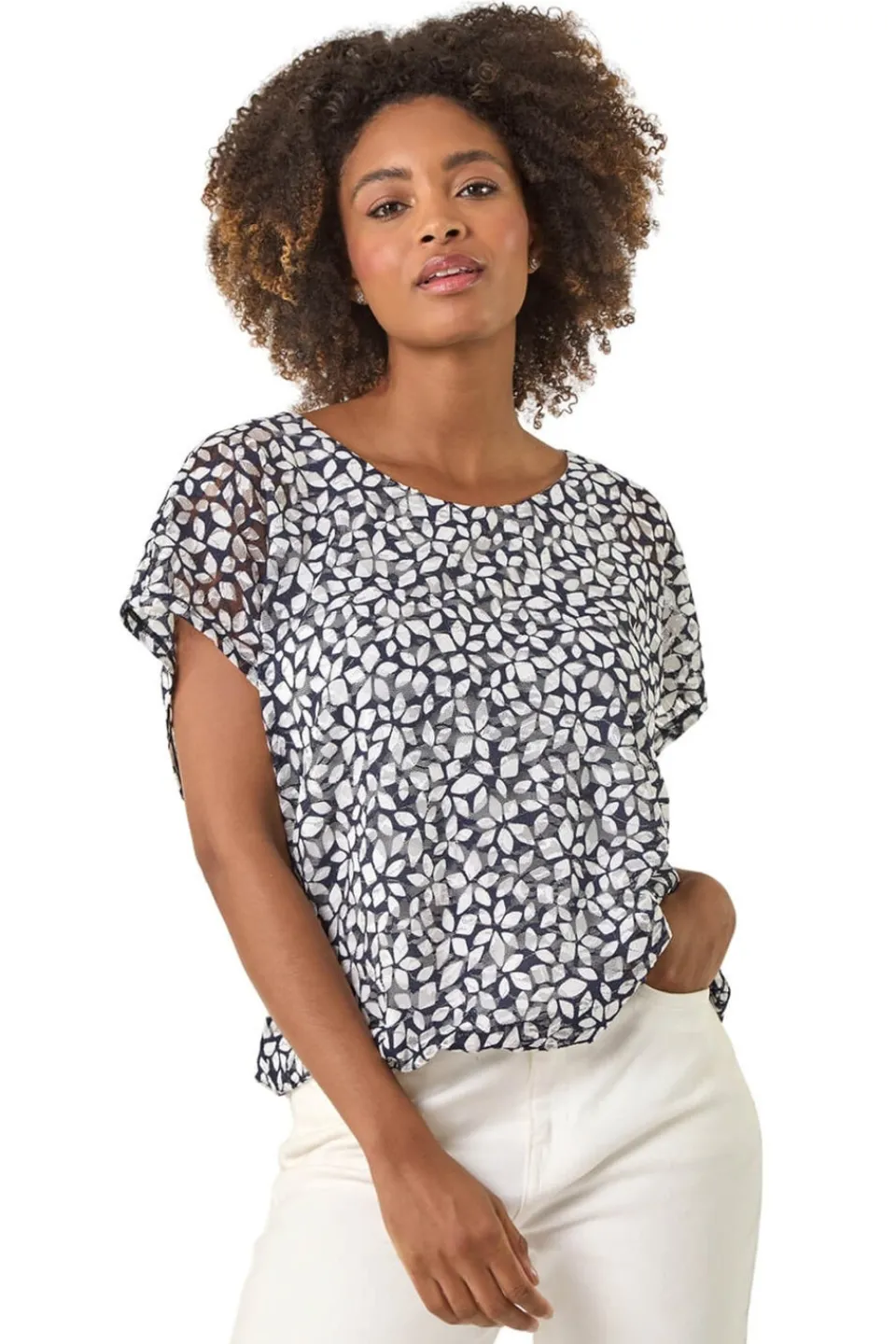 Tops>Roman Navy Printed Lace Bubble Hem Top