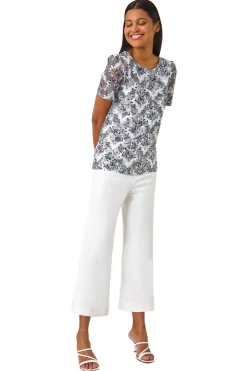 T-Shirts>Roman Navy Printed Lace Stretch Top