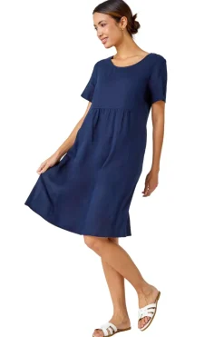 Dresses>Roman Navy Relaxed Cotton Blend Pocket Dress