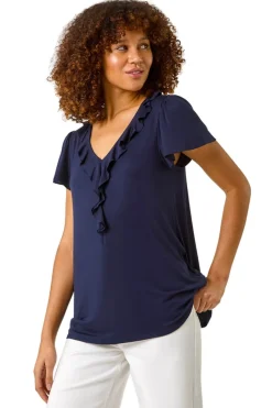 T-Shirts>Roman Navy Ruffle Front Stretch Top