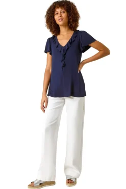 T-Shirts>Roman Navy Ruffle Front Stretch Top