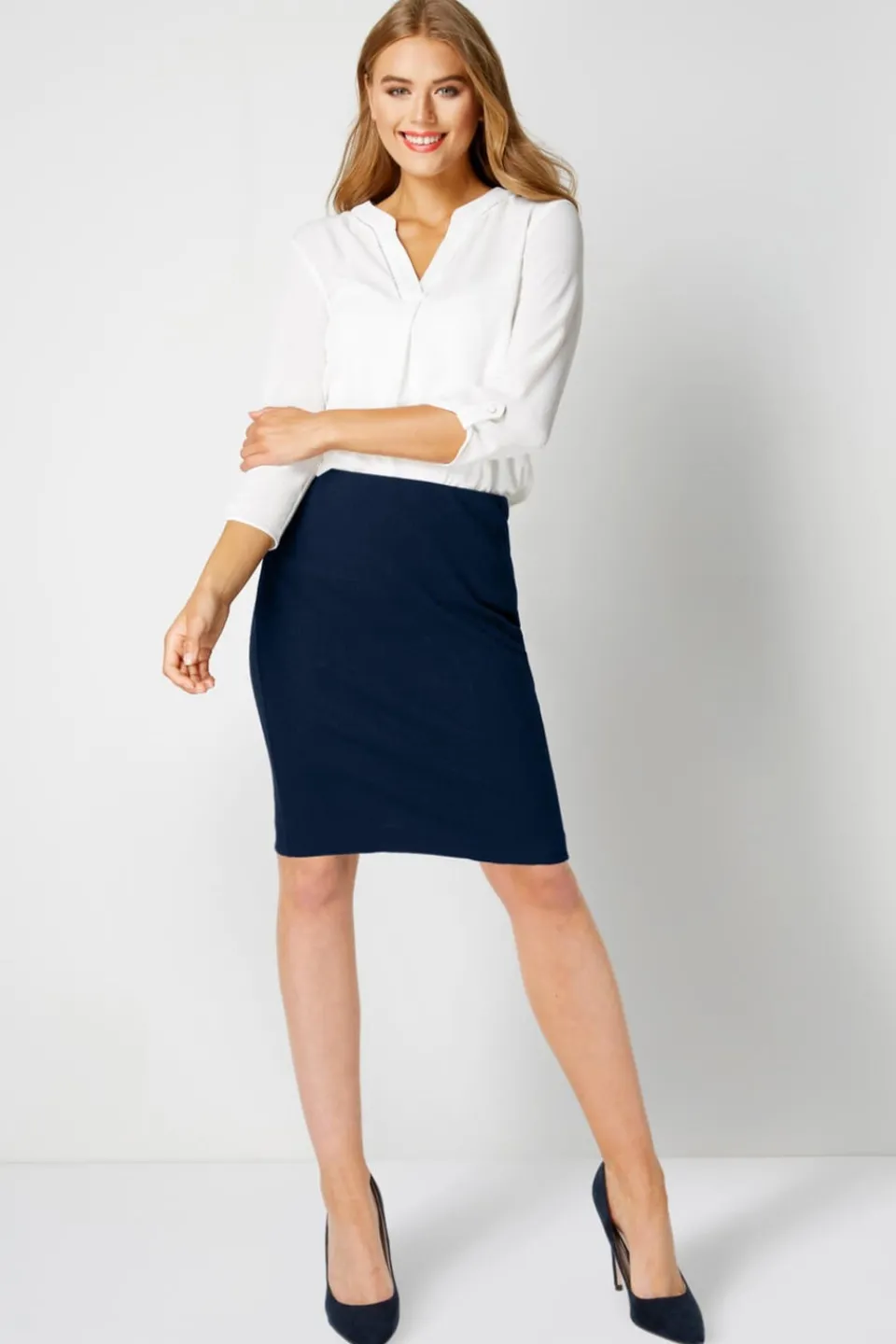 Skirts>Roman Short Textured Elastic Waist Jersey Skirt Navy