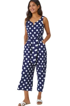 Jumpsuits & Playsuits>Roman Navy Spot Print Belted Jumpsuit