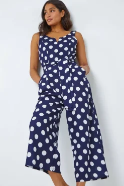 Jumpsuits & Playsuits>Roman Navy Spot Print Belted Jumpsuit