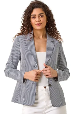 Coats & Jackets>Roman Navy Stripe Bengaline Stretch Blazer