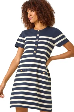 Knitwear>Roman Stripe Button A-Line Knit Dress Navy