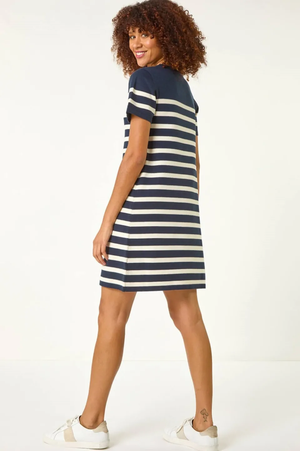 Knitwear>Roman Stripe Button A-Line Knit Dress Navy