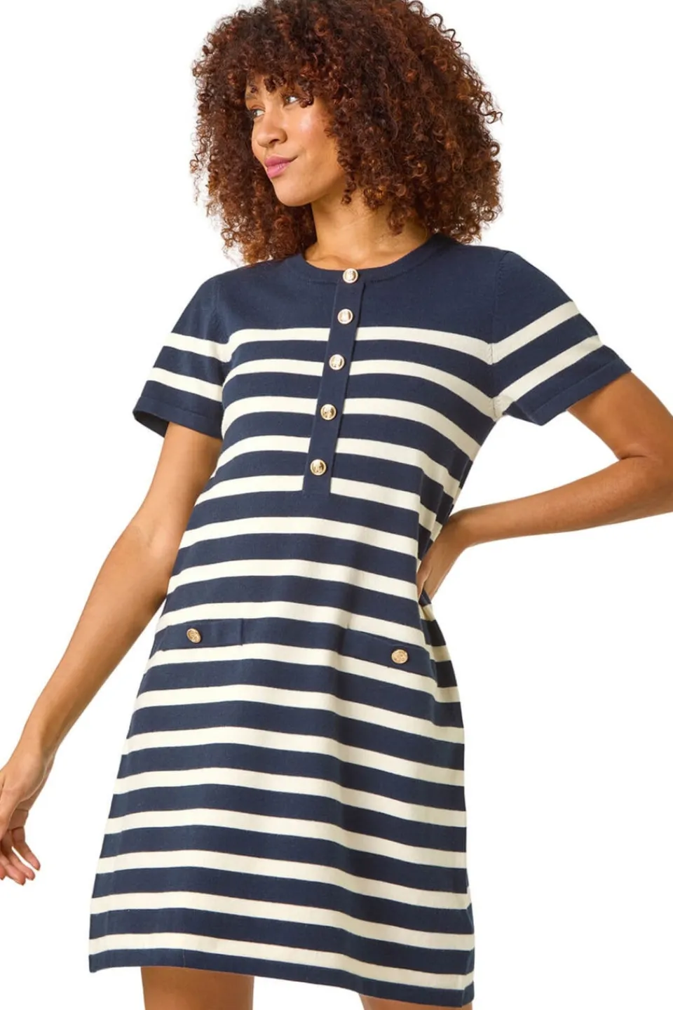 Knitwear>Roman Stripe Button A-Line Knit Dress Navy