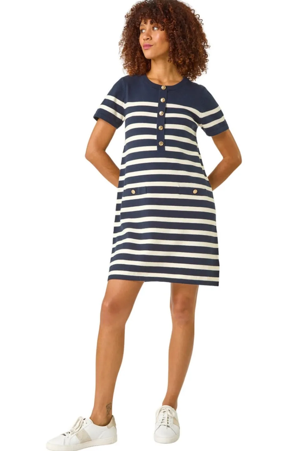 Knitwear>Roman Stripe Button A-Line Knit Dress Navy