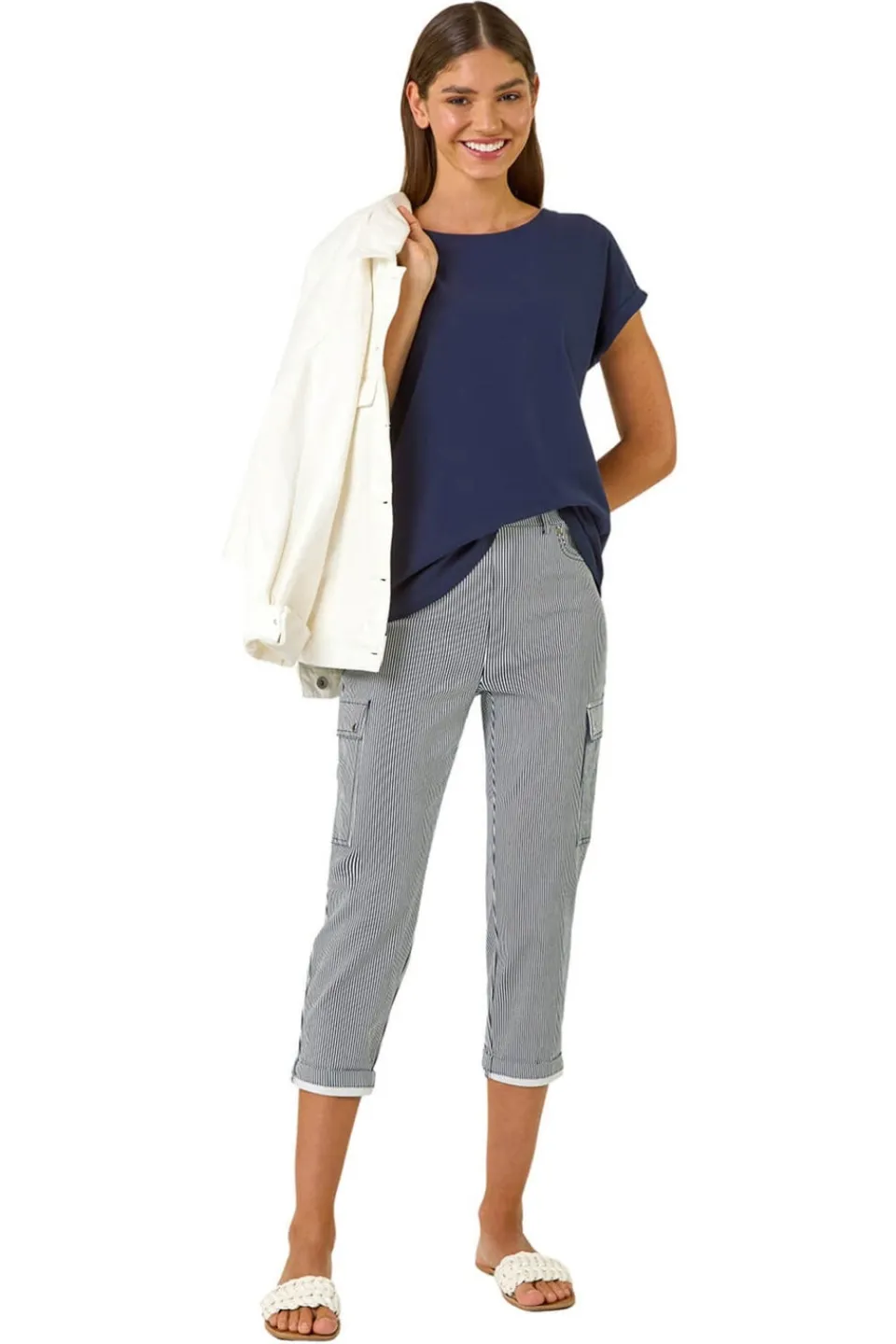 Trousers>Roman Navy Stripe Cropped Cargo Trouser