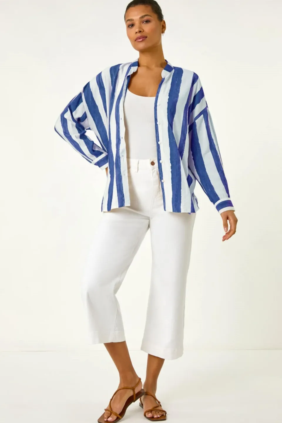 Tops>Roman Navy Stripe Print Relaxed Button Shirt