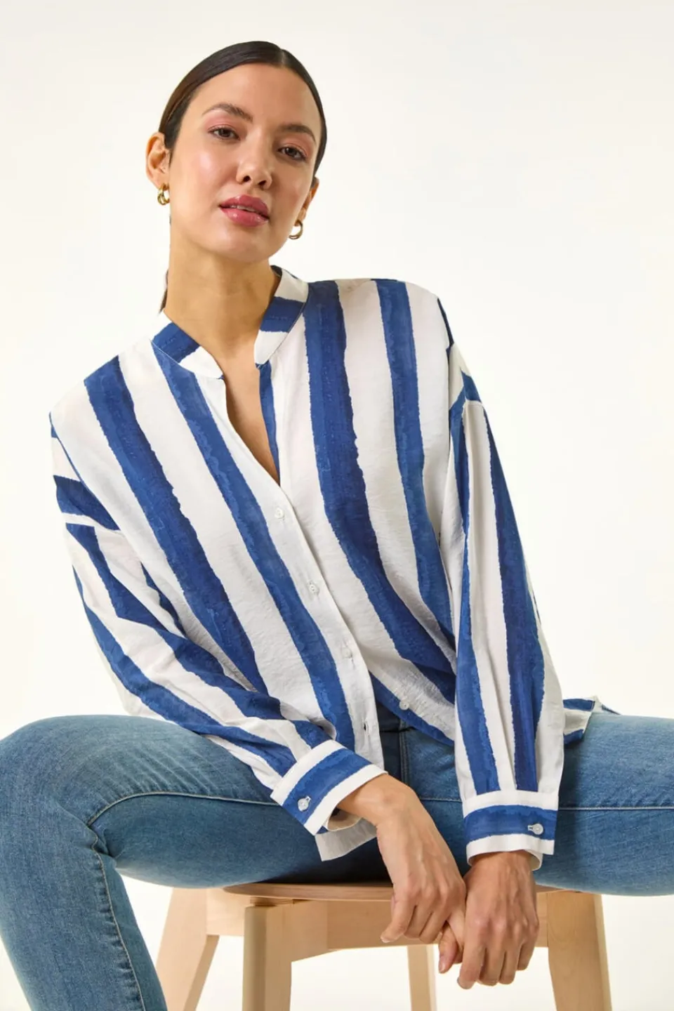 Tops>Roman Navy Stripe Print Relaxed Button Shirt