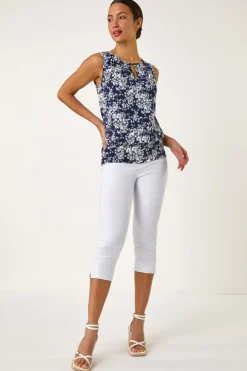 Tops>Roman Navy Textured Ditsy Floral Print Top