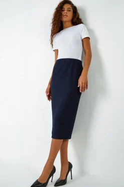 Skirts>Roman Navy Textured  Elastic Waist Pencil Midi Skirt