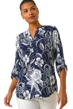 Tops>Roman Navy Textured Floral Print V-Neck Stretch Shirt