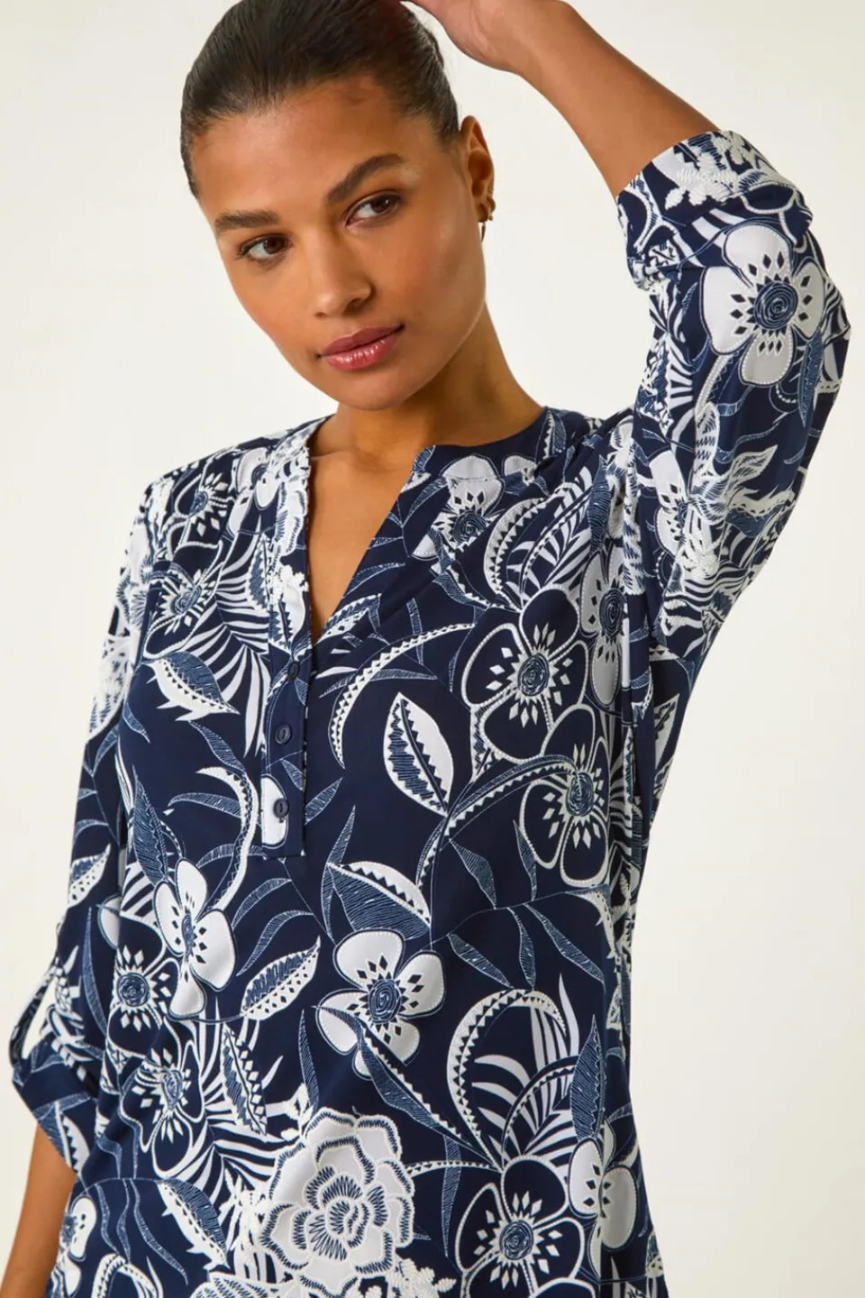 Tops>Roman Navy Textured Floral Print V-Neck Stretch Shirt